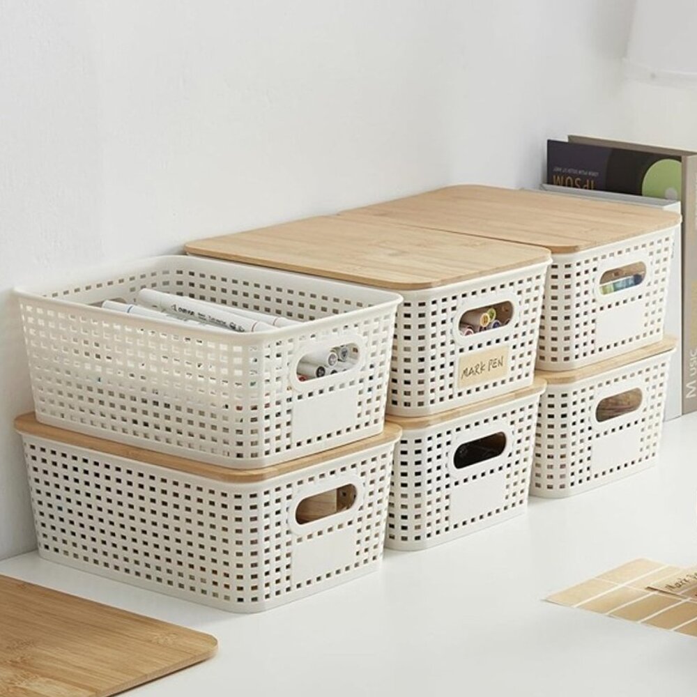 NEW 6 packs Plastic Storage Bins with Bamboo Lids 5.2qt Stackable Box Basket